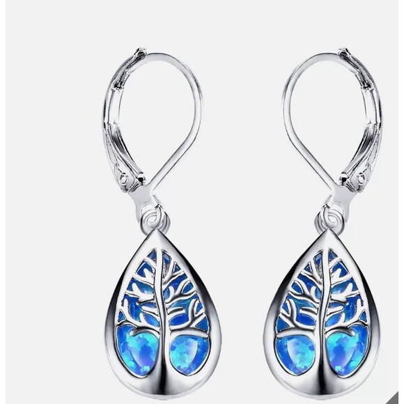 New Teardrop Silver Blue Tree of Life lever-back Earrings - Picture 2 of 3
